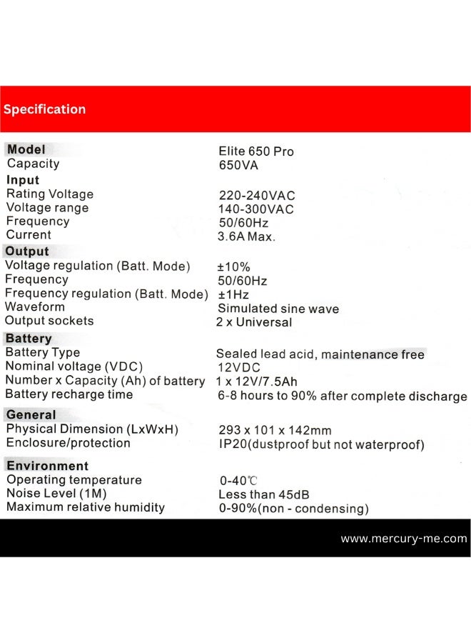 MERCURY ELITE 650 PRO, 650VA/390W, OFFLINE, 2X UNIVERSAL SOCKET, 7.5AH BATTERY - Image 5